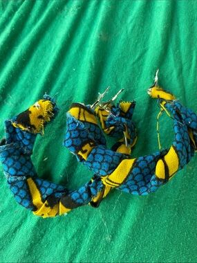 Handcrafted Blue and Yellow Fabric Hoop Earrings - Unbranded